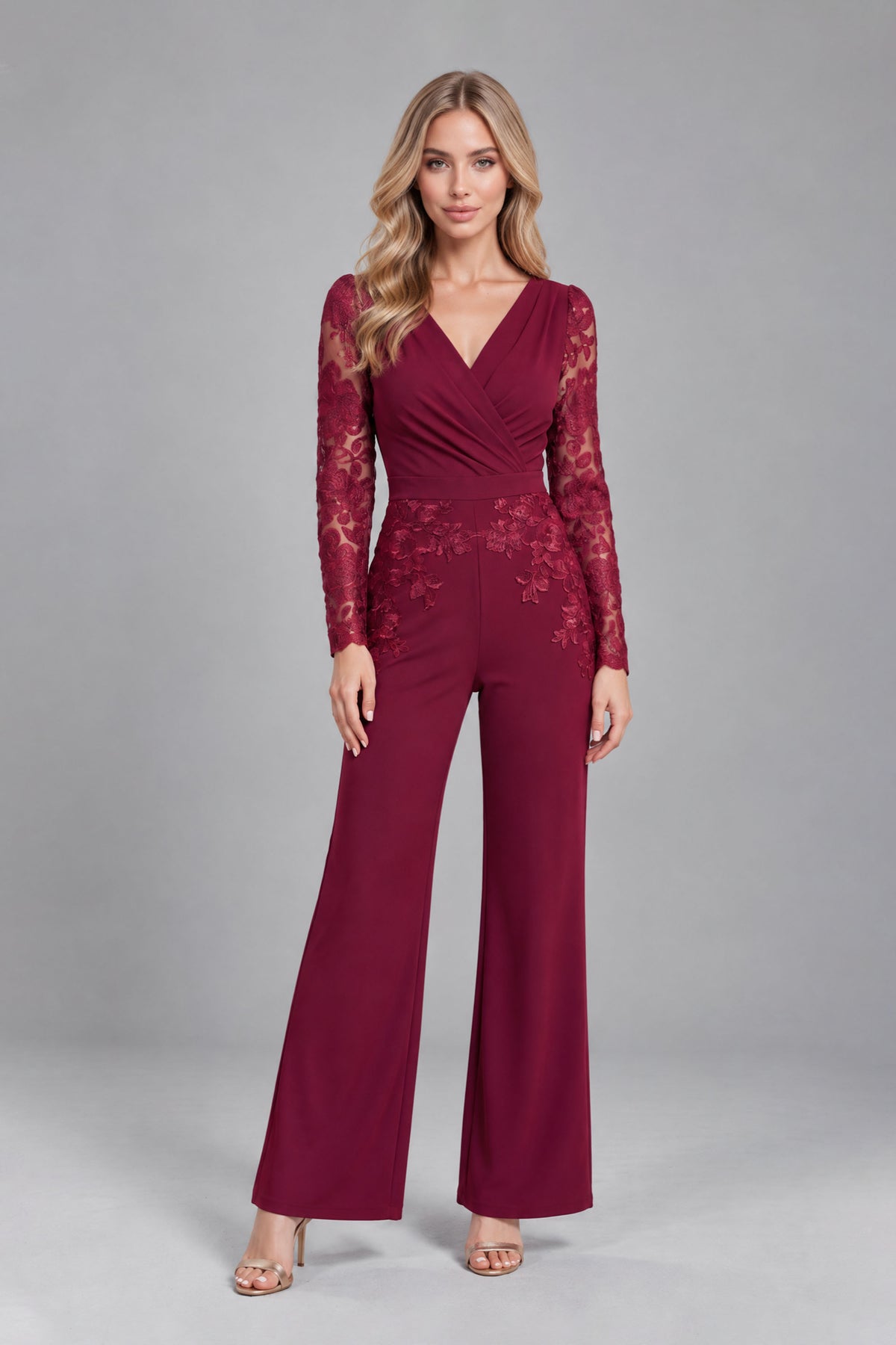 BOLODOO Burgundy Lace Long-Sleeve V-Neck Mother Pant Suit 