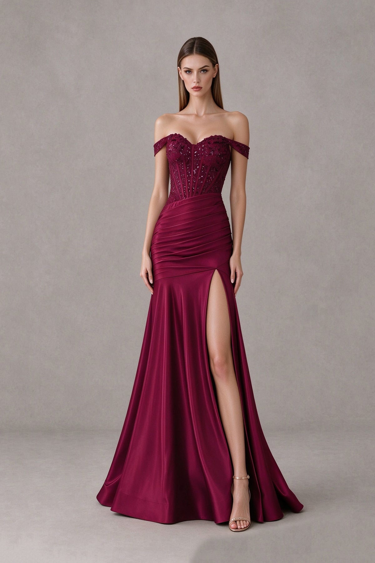 BOLODOO burgundy off-shoulder mermaid prom dress with sweetheart corset bodice and high slit, front view