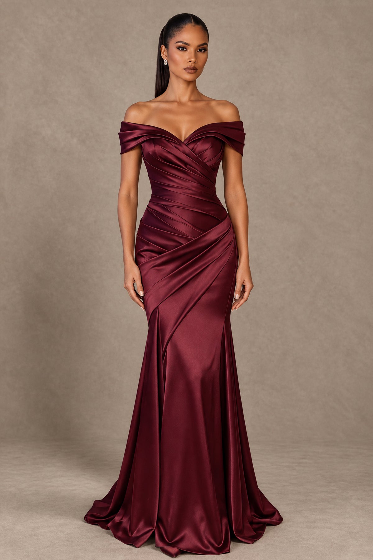 BOLODOO burgundy off-the-shoulder ruched satin-look mermaid evening dress, full front view