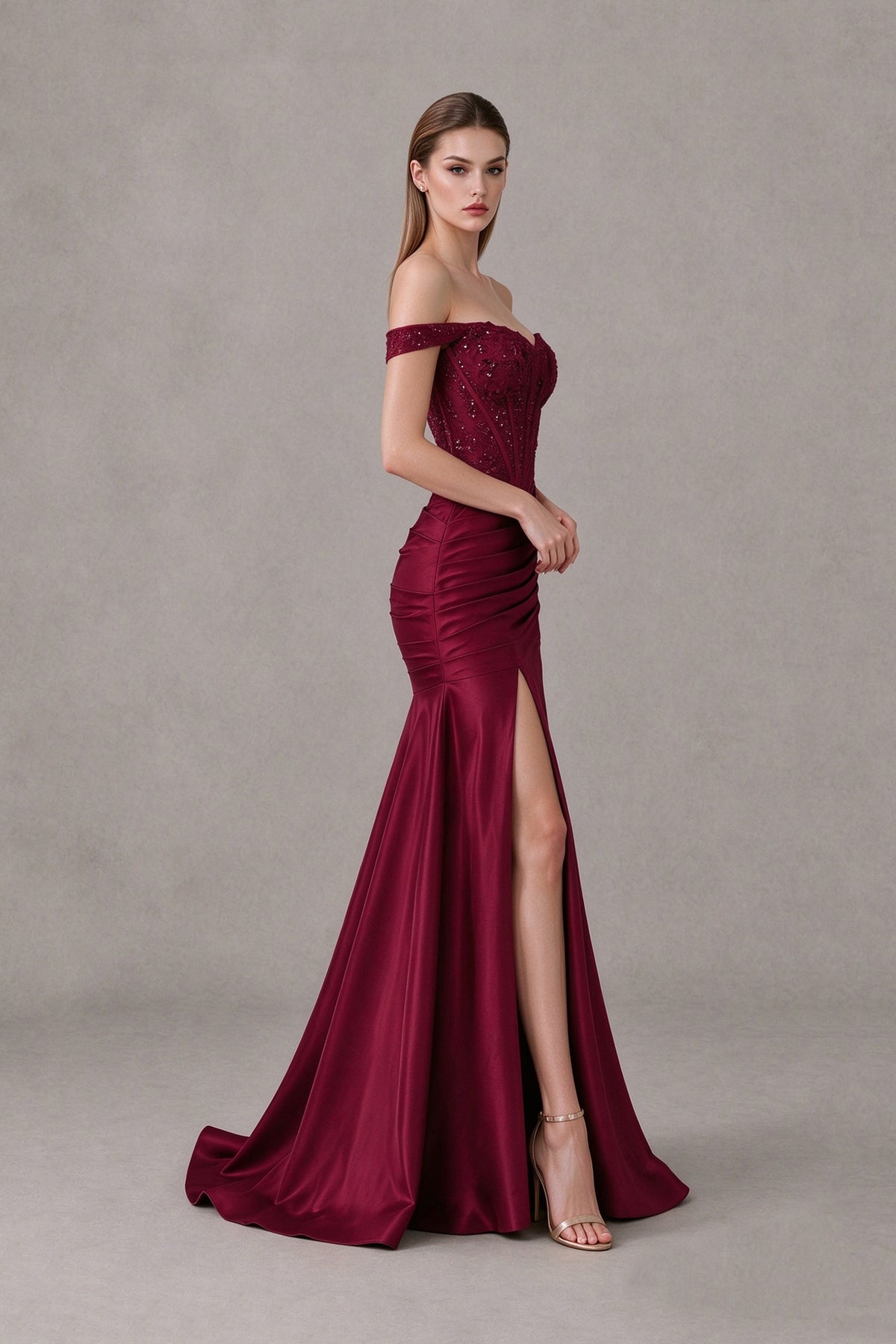 BOLODOO burgundy floor-length formal dress with thigh-high slit and sweep train, side view
