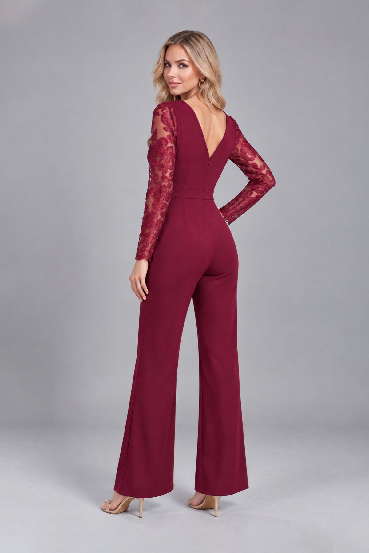 BOLODOO Burgundy Lace Long-Sleeve V-Neck Mother Pant Suit 