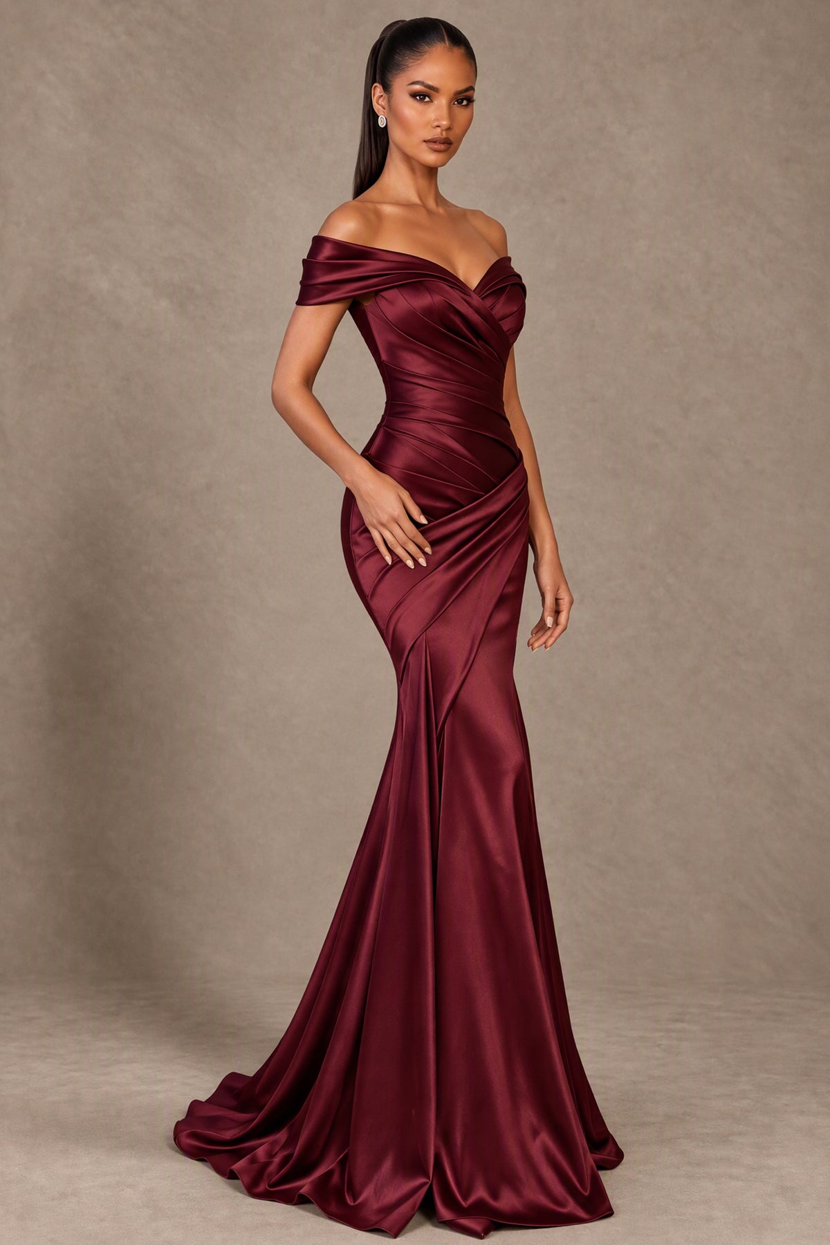 BOLODOO burgundy sweetheart mermaid gown with draped bodice, three-quarter view