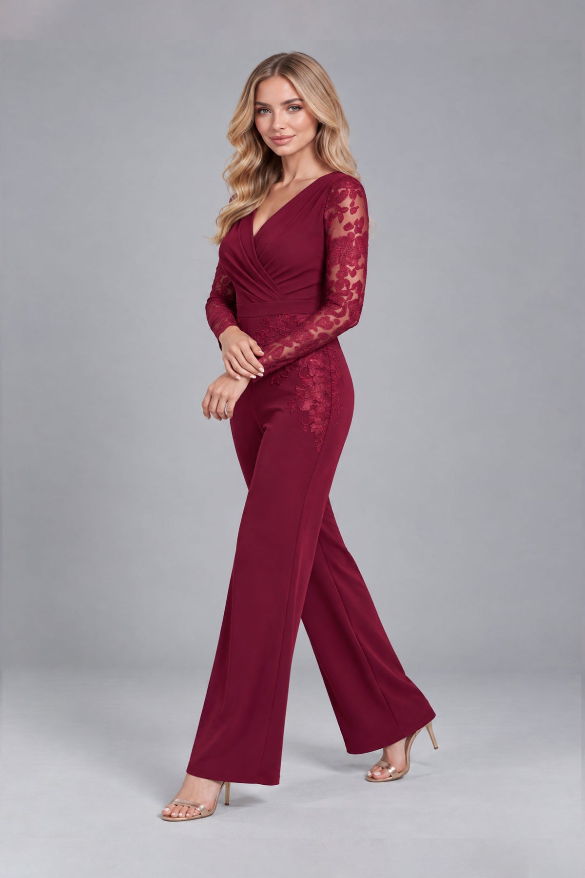 BOLODOO Burgundy Lace Long-Sleeve V-Neck Mother Pant Suit 