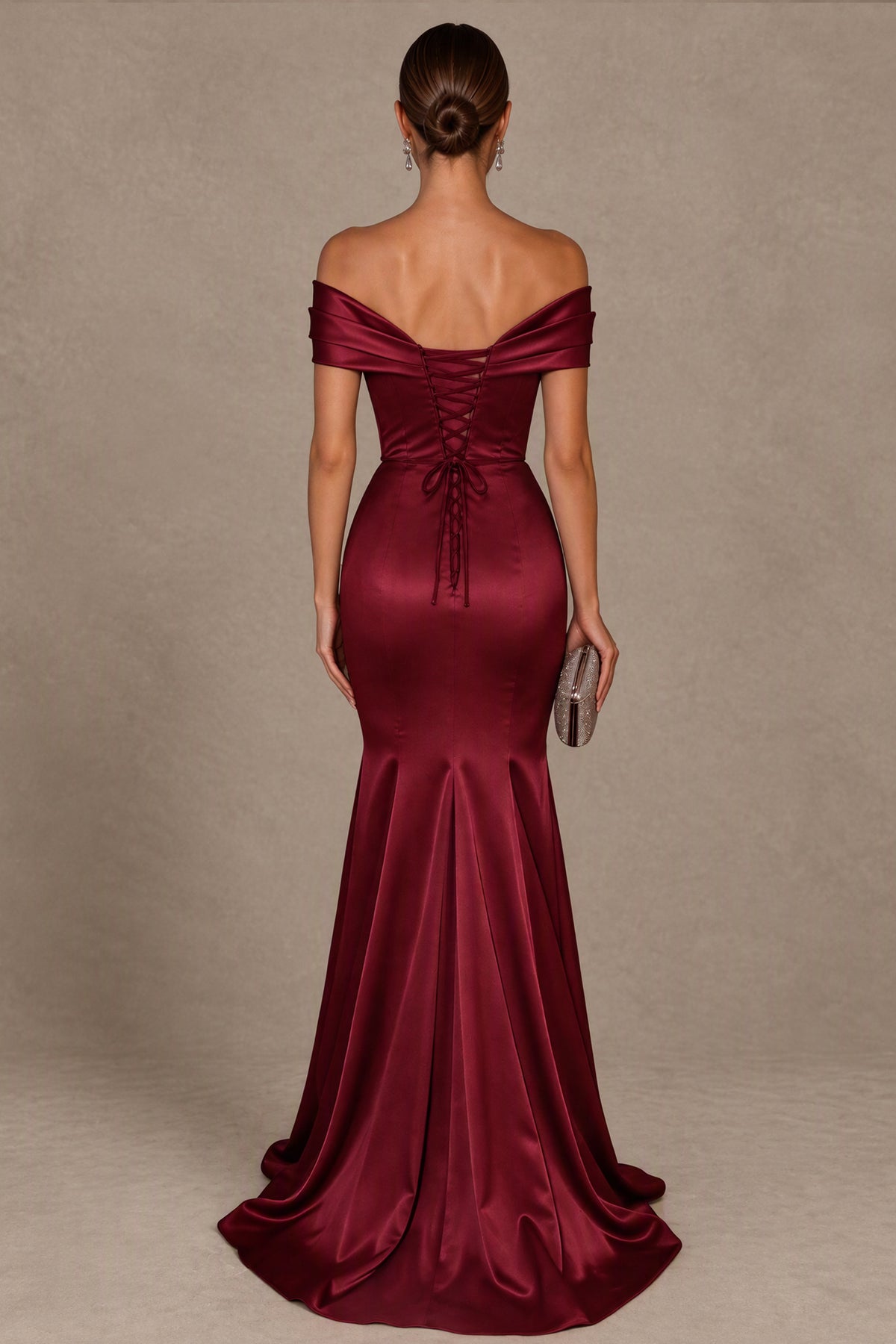 BOLODOO burgundy off-shoulder gown with low lace-up back and sweep train, rear view
