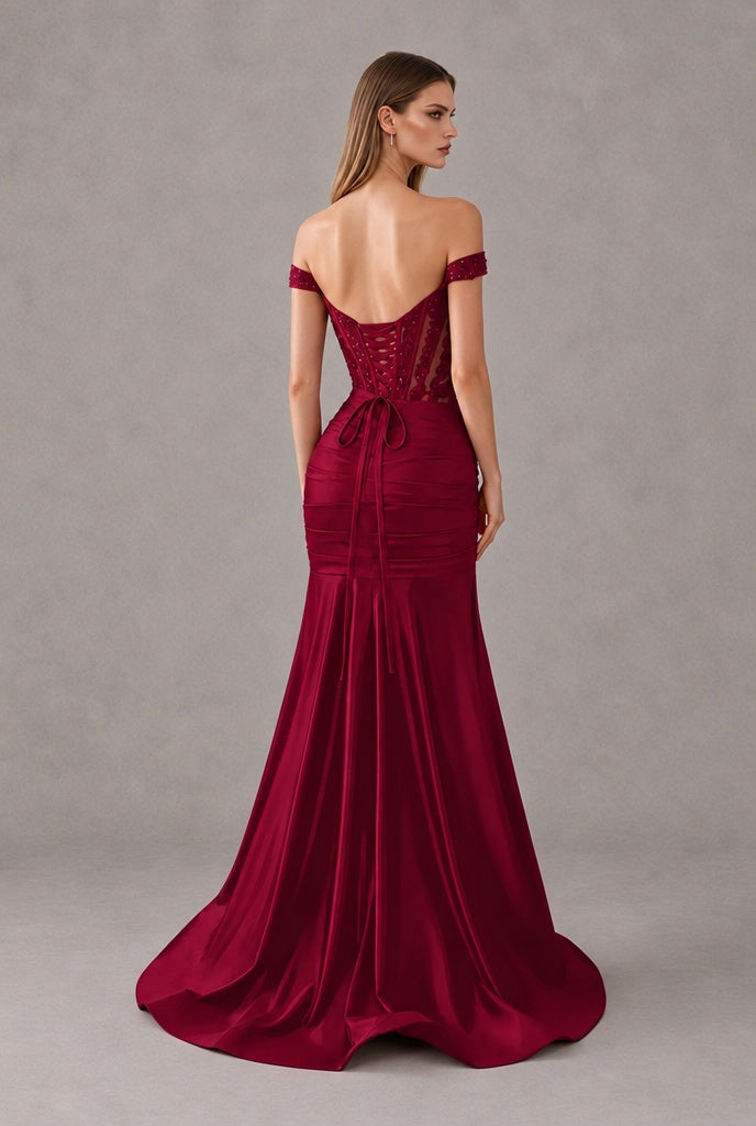 Burgundy off-shoulder mermaid gown showing open upper back, lace-up corset closure and sweep train