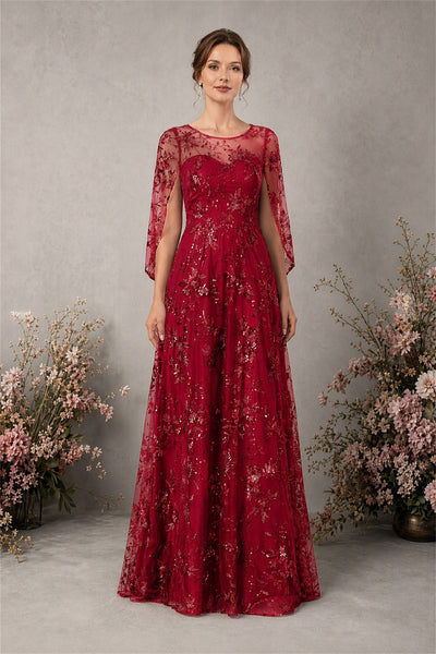 BOLODOO Burgundy Sequin Lace Cape Sleeve Formal Evening Gown - Burgundy