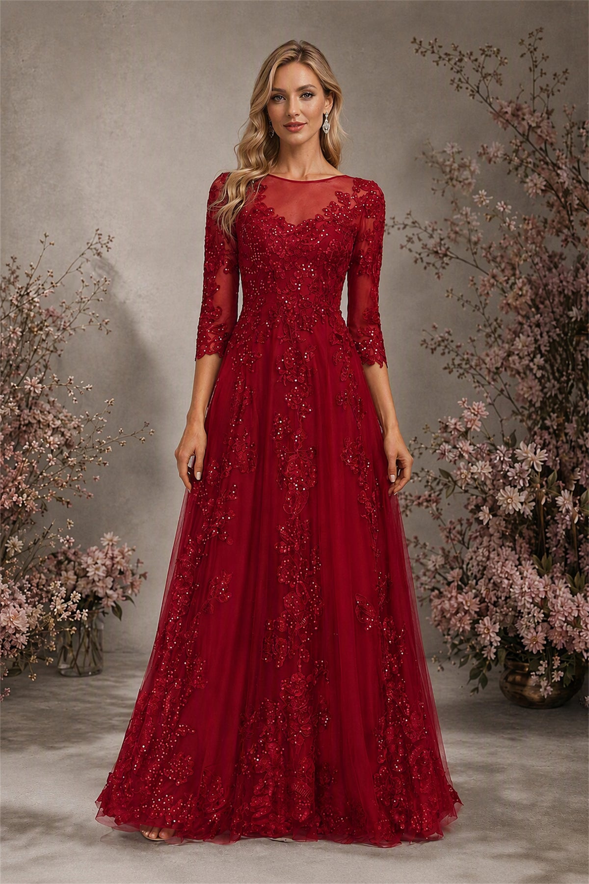 BOLODOO Burgundy Sequin Lace 3/4 Sleeve Open Back Formal Evening Gown - Burgundy