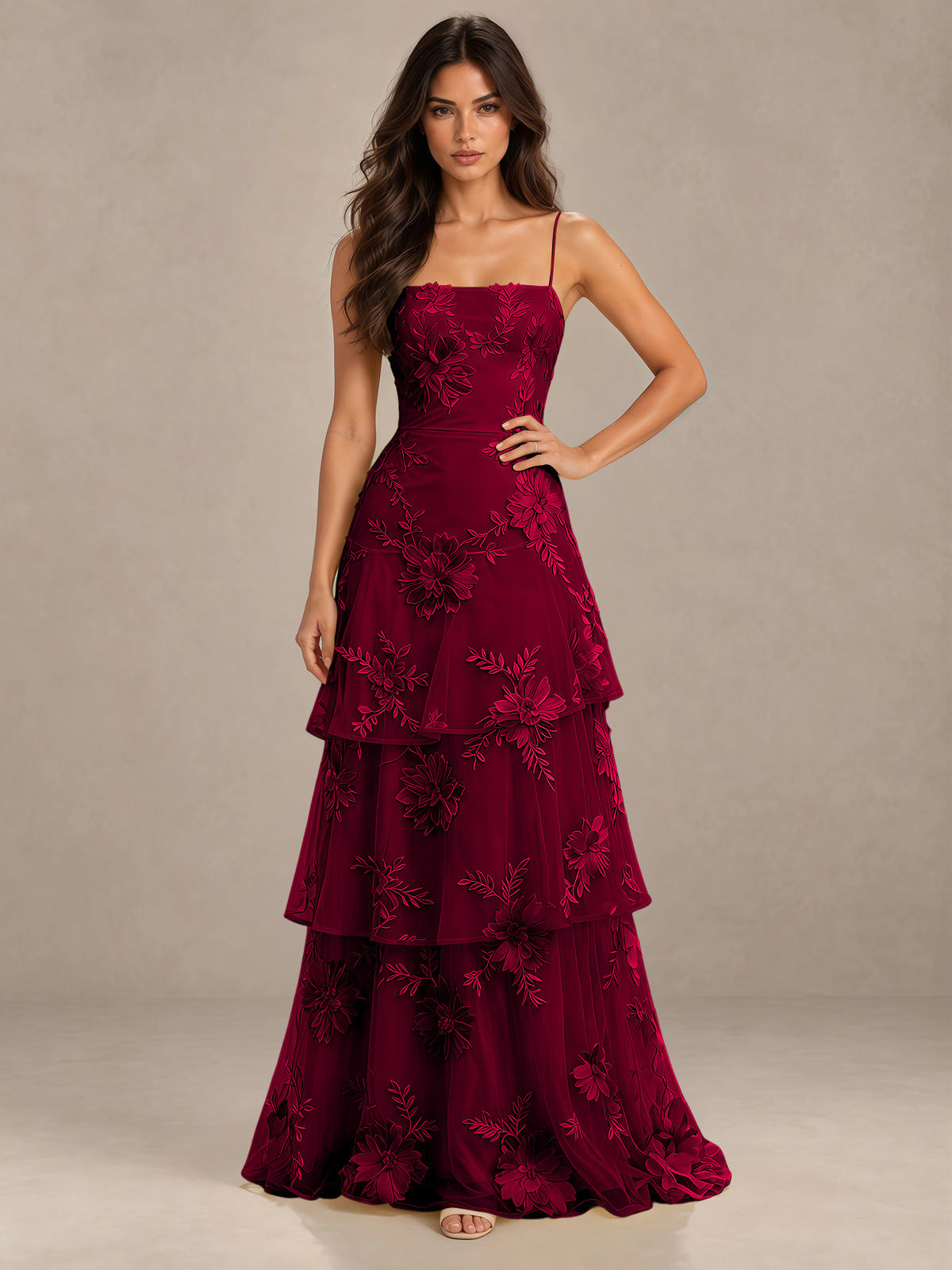 BOLODOO Burgundy Floral Applique Tiered Prom Dress with Lace-Up Back - Burgundy - Burgundy-1