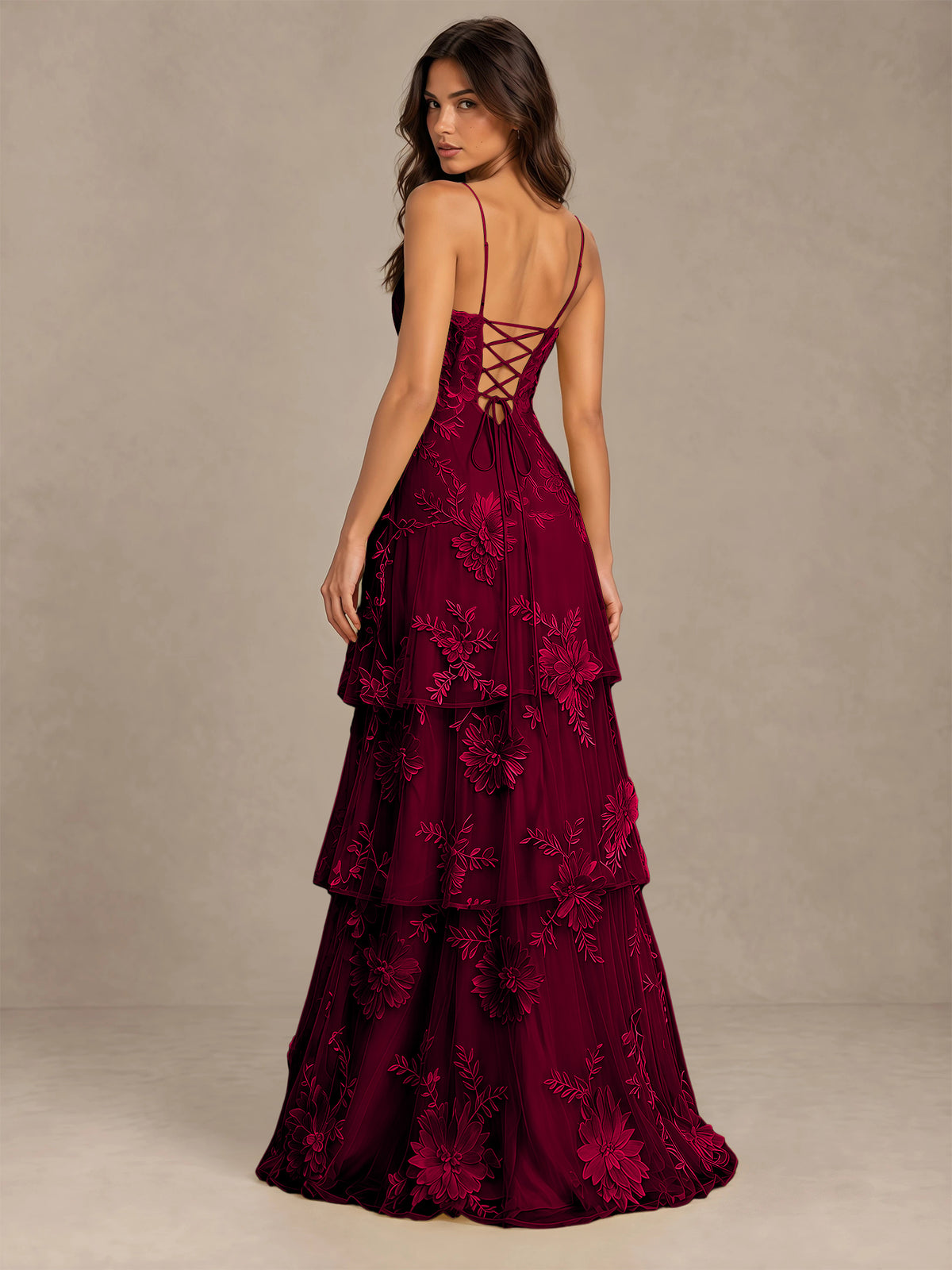 BOLODOO Burgundy Floral Applique Tiered Prom Dress with Lace-Up Back - Burgundy - Burgundy-2