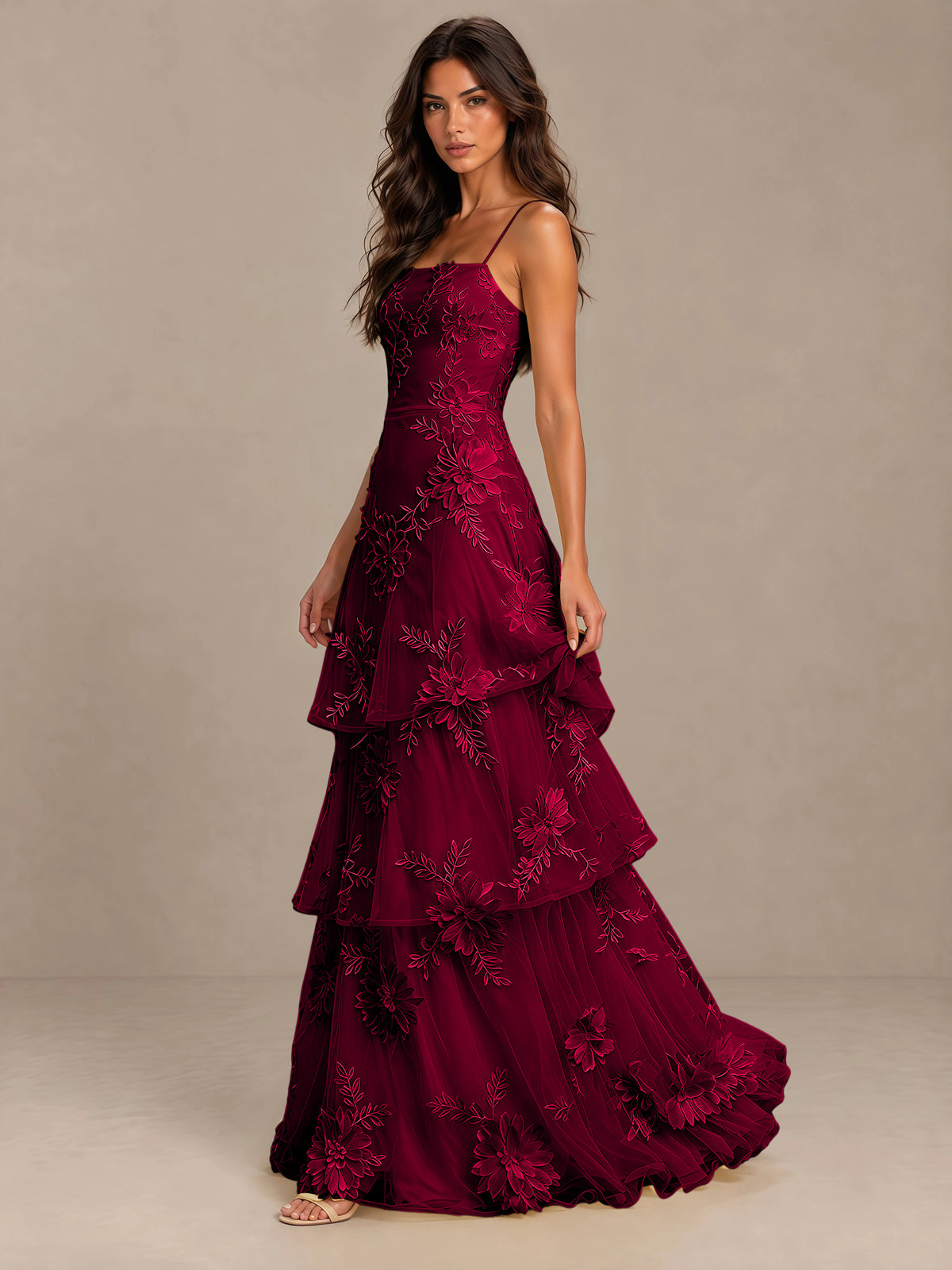 BOLODOO Burgundy Floral Applique Tiered Prom Dress with Lace-Up Back - Burgundy - Burgundy-3