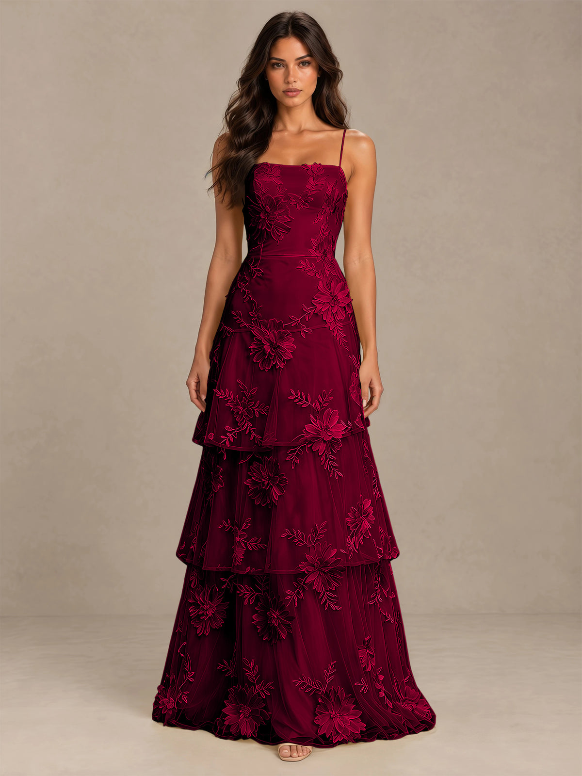 BOLODOO Burgundy Floral Applique Tiered Prom Dress with Lace-Up Back - Burgundy - Burgundy-4