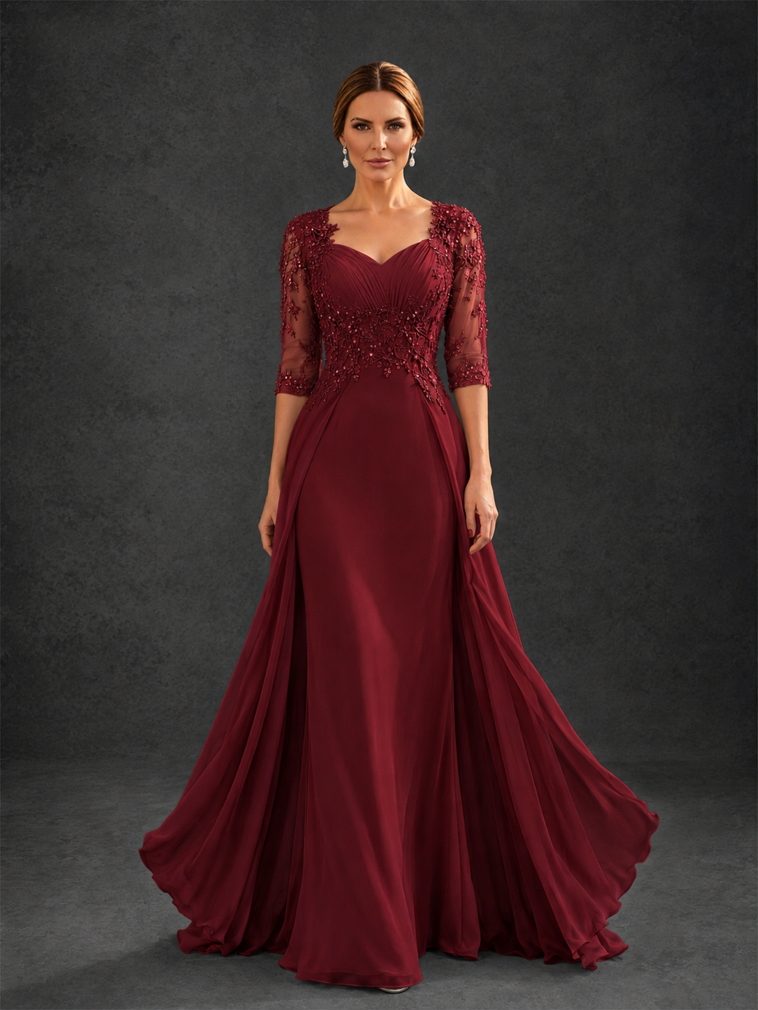BOLODOO Burgundy Sweetheart Neck 3/4 Sleeve Floral Lace Illusion Bodice Chiffon A-Line Gown - Burgundy