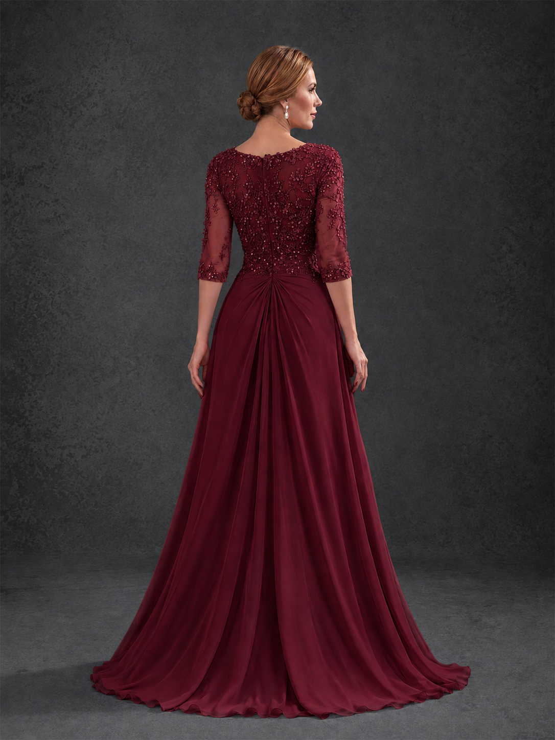 BOLODOO Burgundy Sweetheart Neck 3/4 Sleeve Floral Lace Illusion Bodice Chiffon A-Line Gown - Burgundy