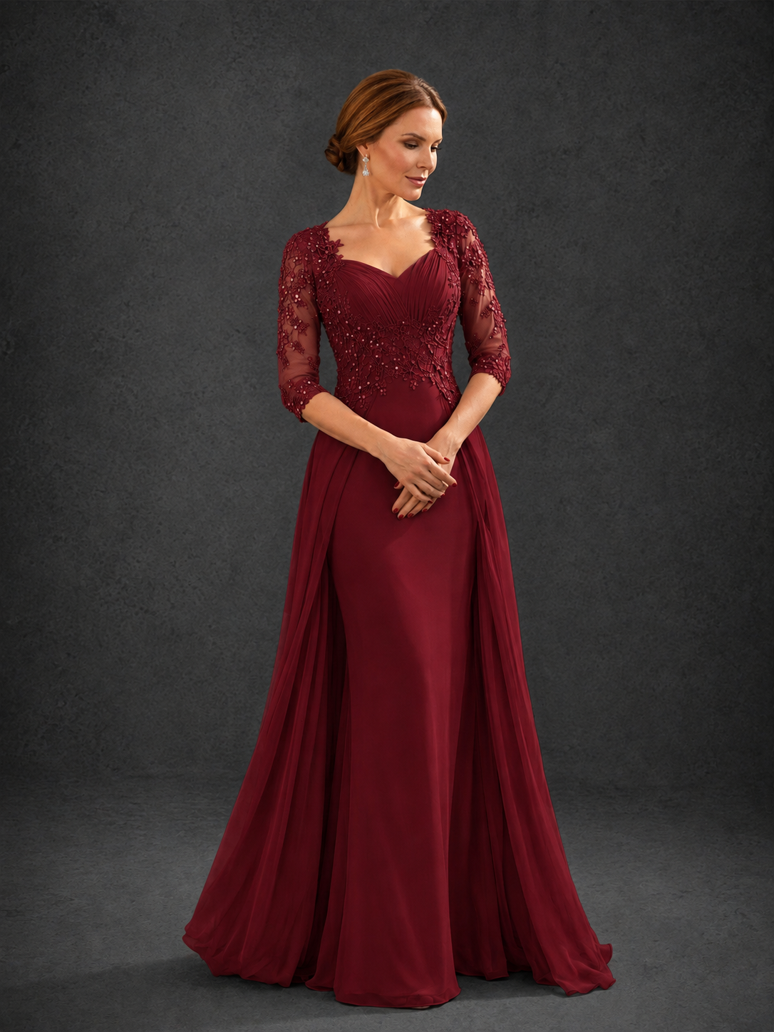 BOLODOO Burgundy Sweetheart Neck 3/4 Sleeve Floral Lace Illusion Bodice Chiffon A-Line Gown - Burgundy