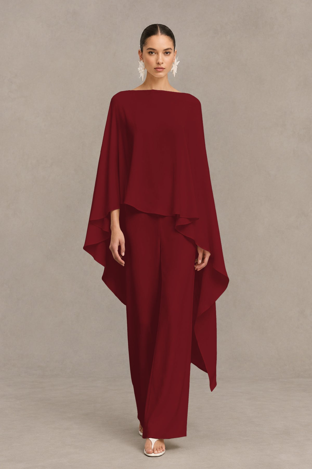 BOLODOO Burgundy Cape Sleeve Wide-Leg Formal Pantsuit - Burgundy - Burgundy_01