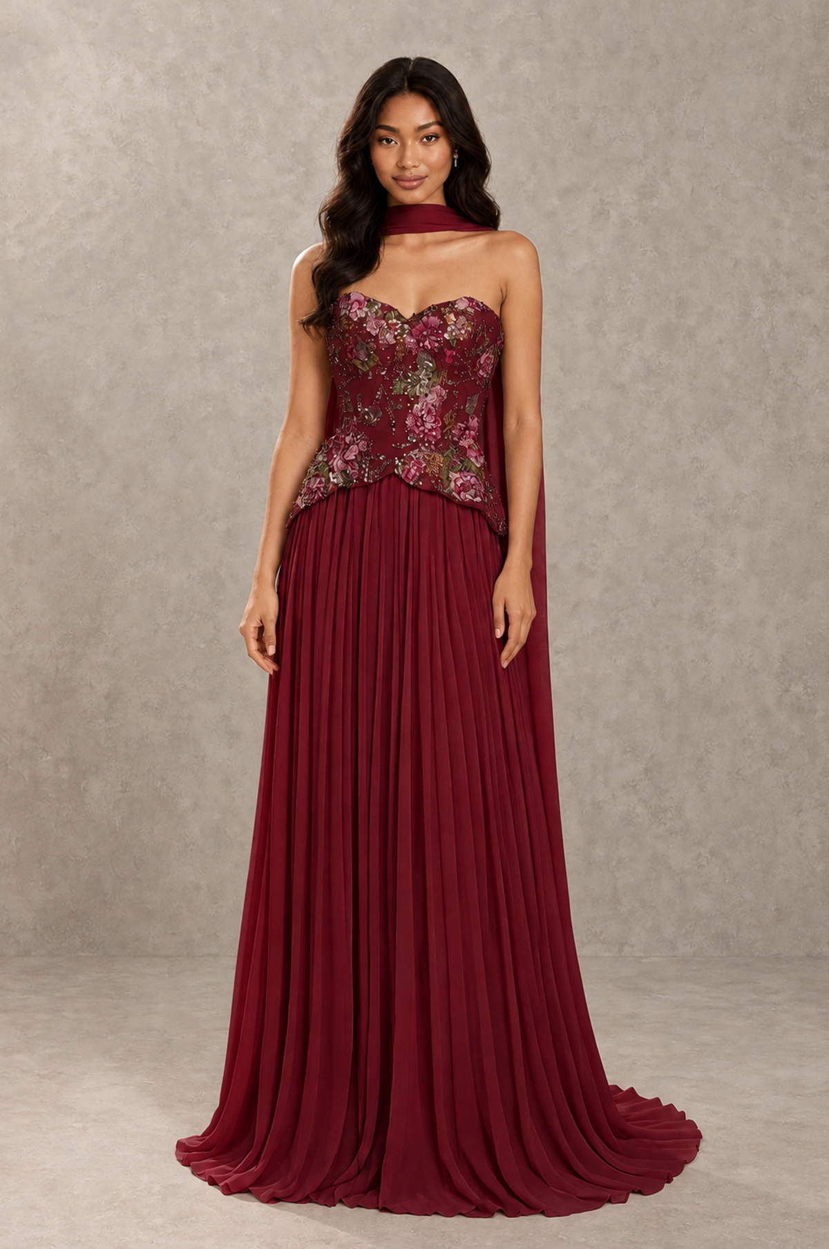 BOLODOO Burgundy Strapless Beaded Floral Corset Chiffon Maxi Gown – Open Back Prom & Formal Evening Dress - Burgundy - Burgundy_01