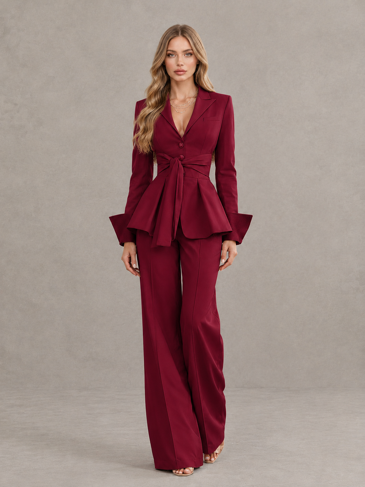 BOLODOO Burgundy Belted Peplum Pantsuit with Long Sleeves & Wide-Leg Trousers - Burgundy - Burgundy_01