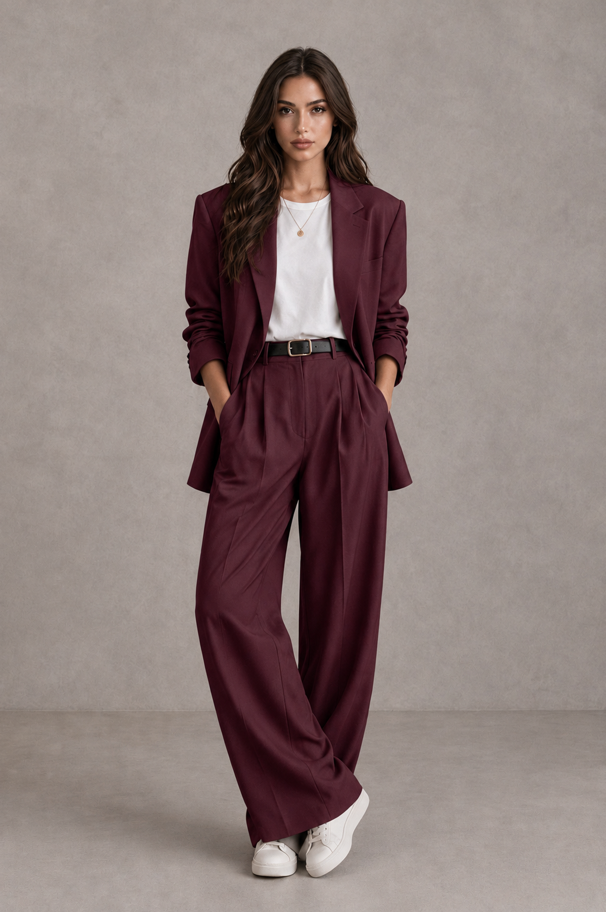 BOLODOO Burgundy Brown Blazer & Wide-Leg Pants Suit for Women - Burgundy - Burgundy_01