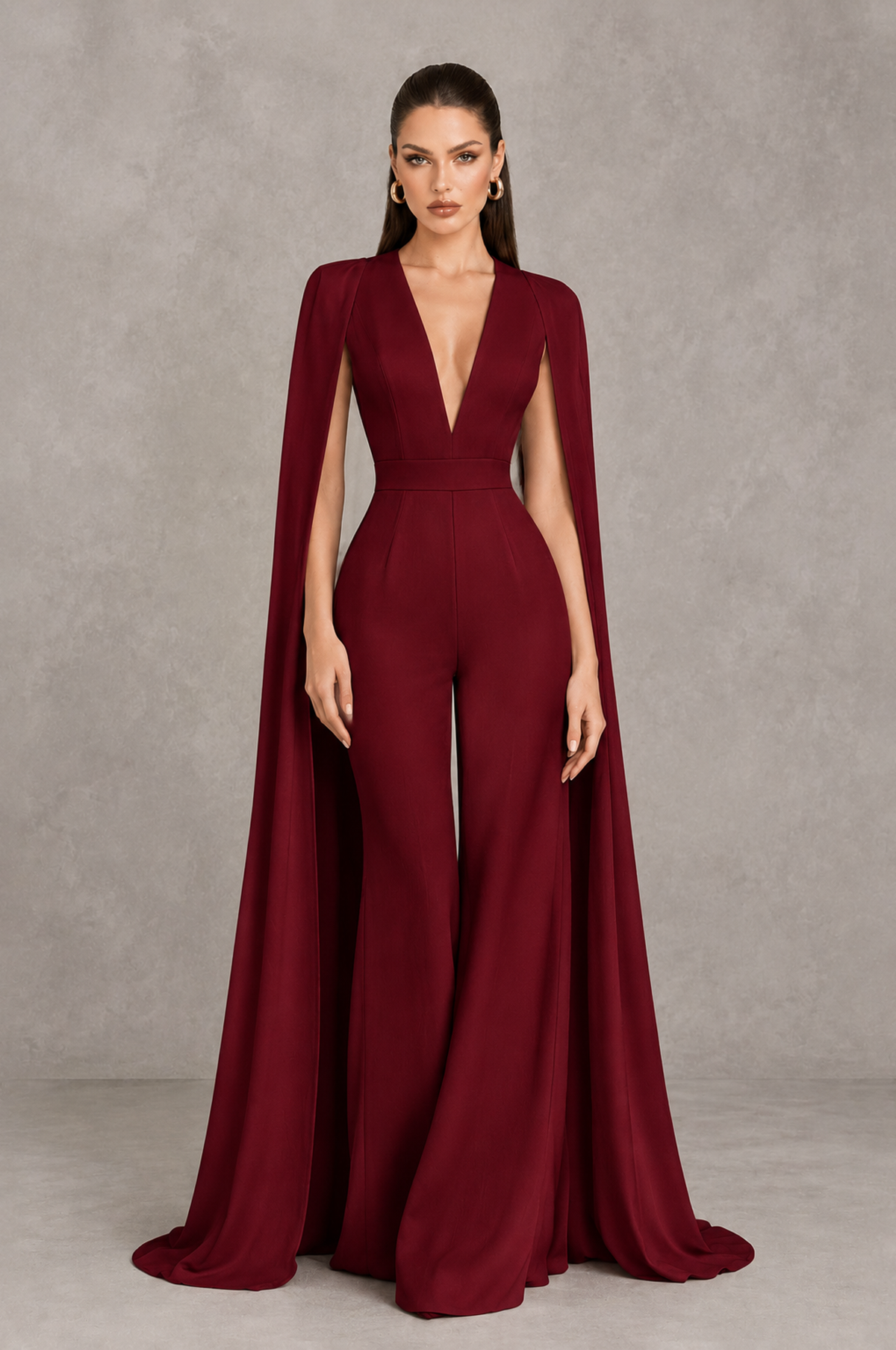 BOLODOO Burgundy Deep V-Neck Cape Sleeve Bridal Jumpsuit - Burgundy - Burgundy_01