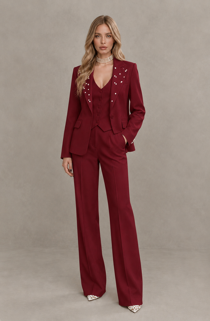 BOLODOO Burgundy Women's Three-Piece Pantsuit with Blazer & Vest - Burgundy - Burgundy_01
