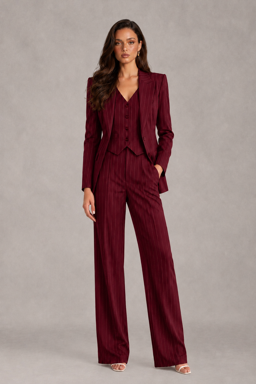 BOLODOO Women's Burgundy Pinstripe Three-Piece Pantsuit with Wide-Leg Trousers - Burgundy - Burgundy_01