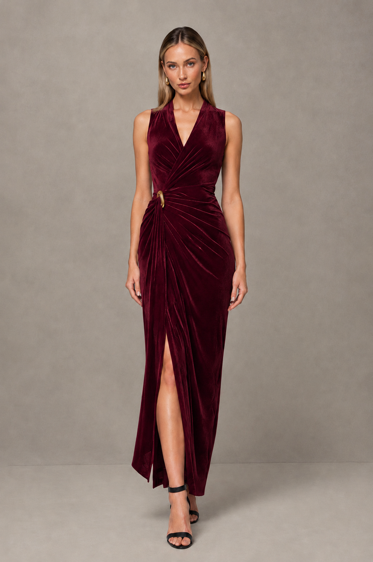 BOLODOO Burgundy Velvet-Look Sleeveless V-Neck Ruched Slit Maxi Dress - Burgundy - Burgundy_01
