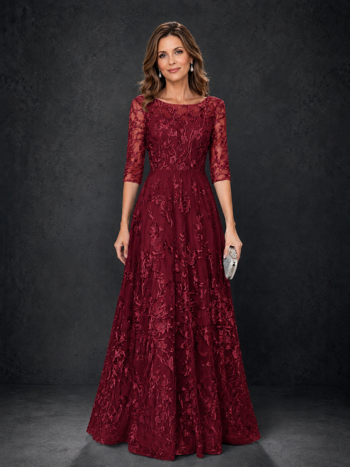 BOLODOO Burgundy Illusion Bateau Neck 3/4 Sleeve Floral Lace A-Line Mother of the Bride Dress MX007 - Burgundy - Burgundy_01