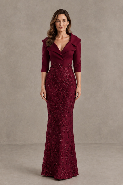 BOLODOO Burgundy Three-Quarter Sleeve Mermaid Evening Dress with Floral Detail - Burgundy - Burgundy_01