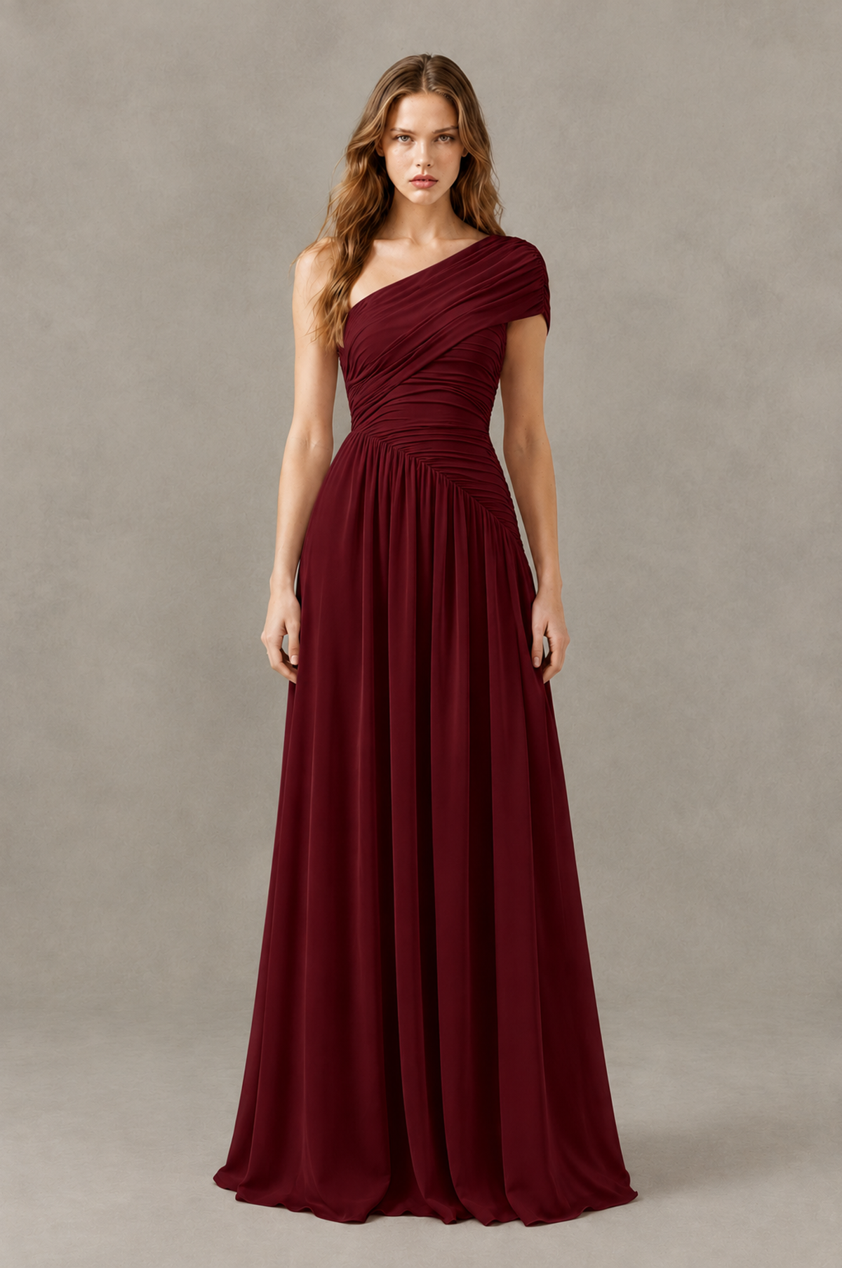 BOLODOO Burgundy One-Shoulder Ruched Floor-Length Bridesmaid Dress - Burgundy - Burgundy_01