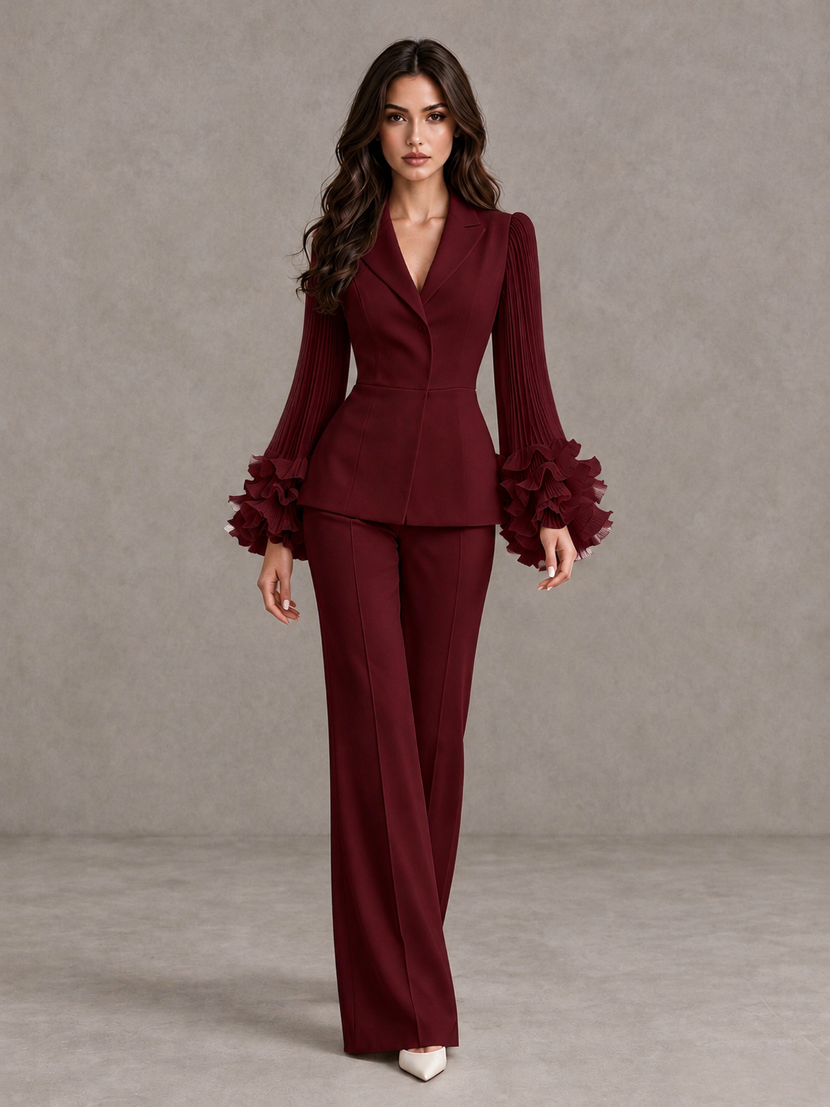BOLODOO Burgundy Mother of the Bride Pant Suit – Pleated Long Sleeve Ruffle Cuff Wide Leg Trouser Suit - Burgundy - Burgundy_01
