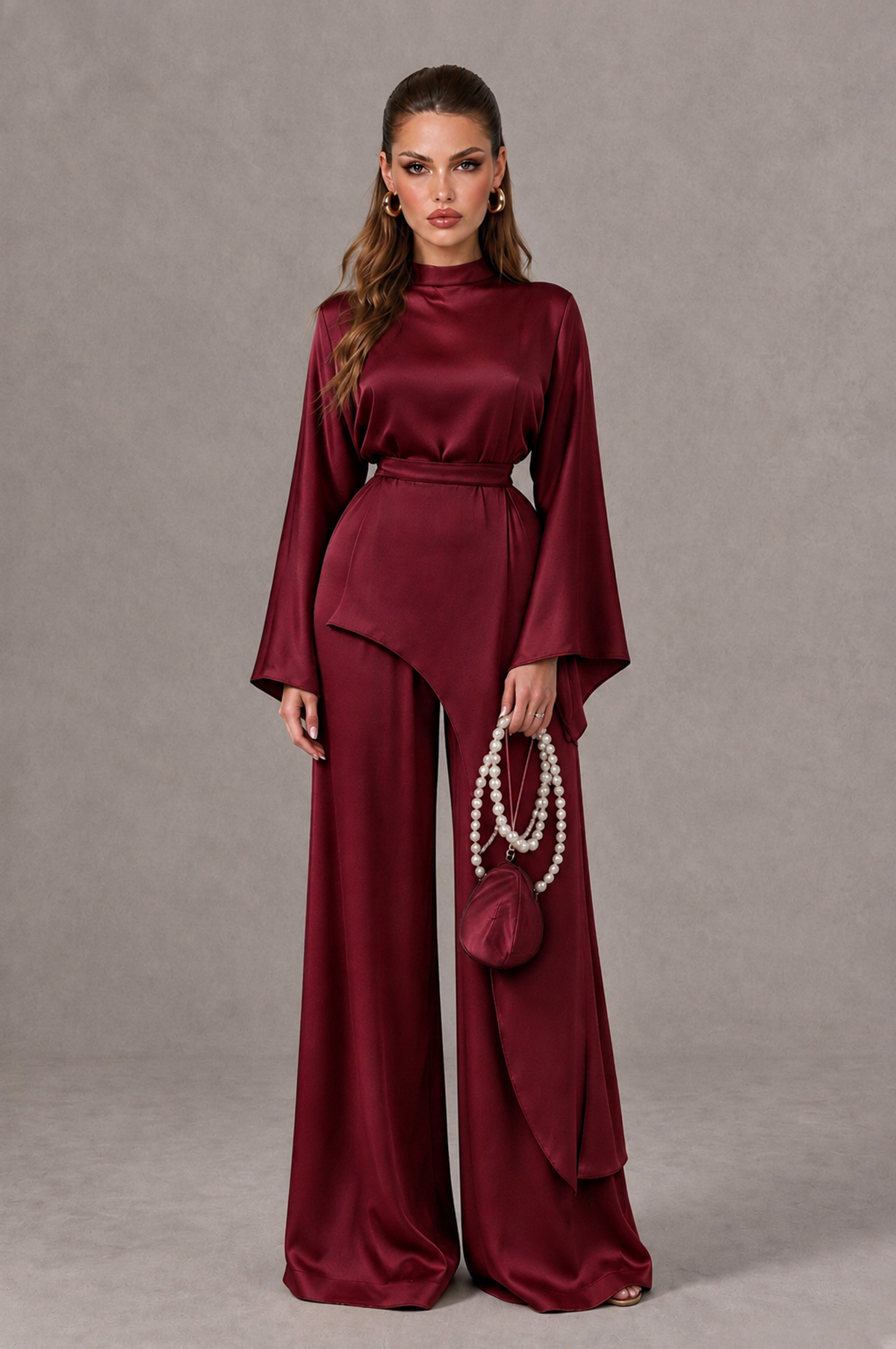 BOLODOO Burgundy Satin-Look Long Sleeve Wide-Leg Jumpsuit - Burgundy - Burgundy_01