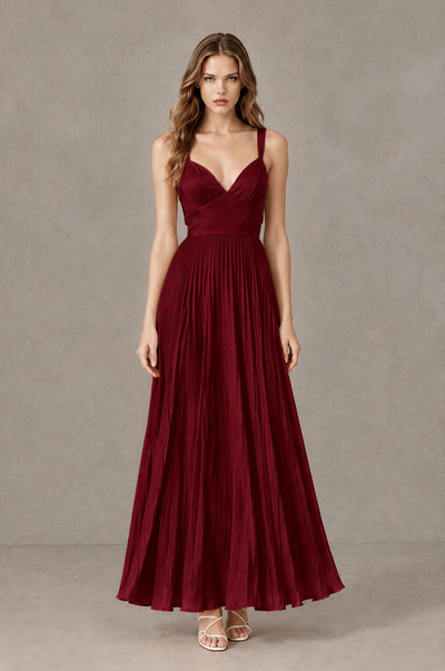 BOLODOO Burgundy V-Neck Pleated Open-Back Maxi Dress - Burgundy - Burgundy_01