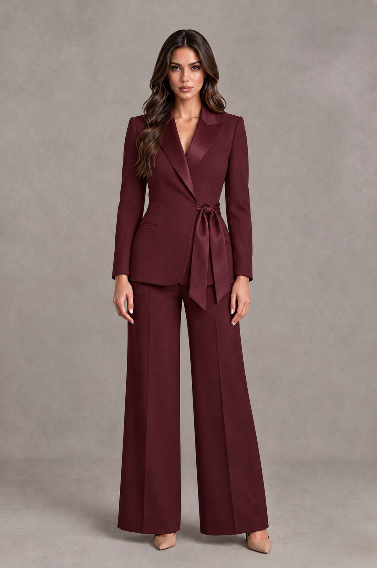 BOLODOO Burgundy Tie-Waist Blazer & Wide-Leg Pantsuit - Burgundy - Burgundy_01