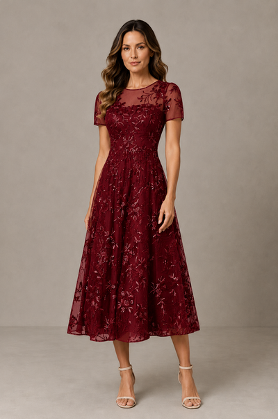 BOLODOO Burgundy Textured Floral A-Line Dress with Short Sleeves - Burgundy - Burgundy_01