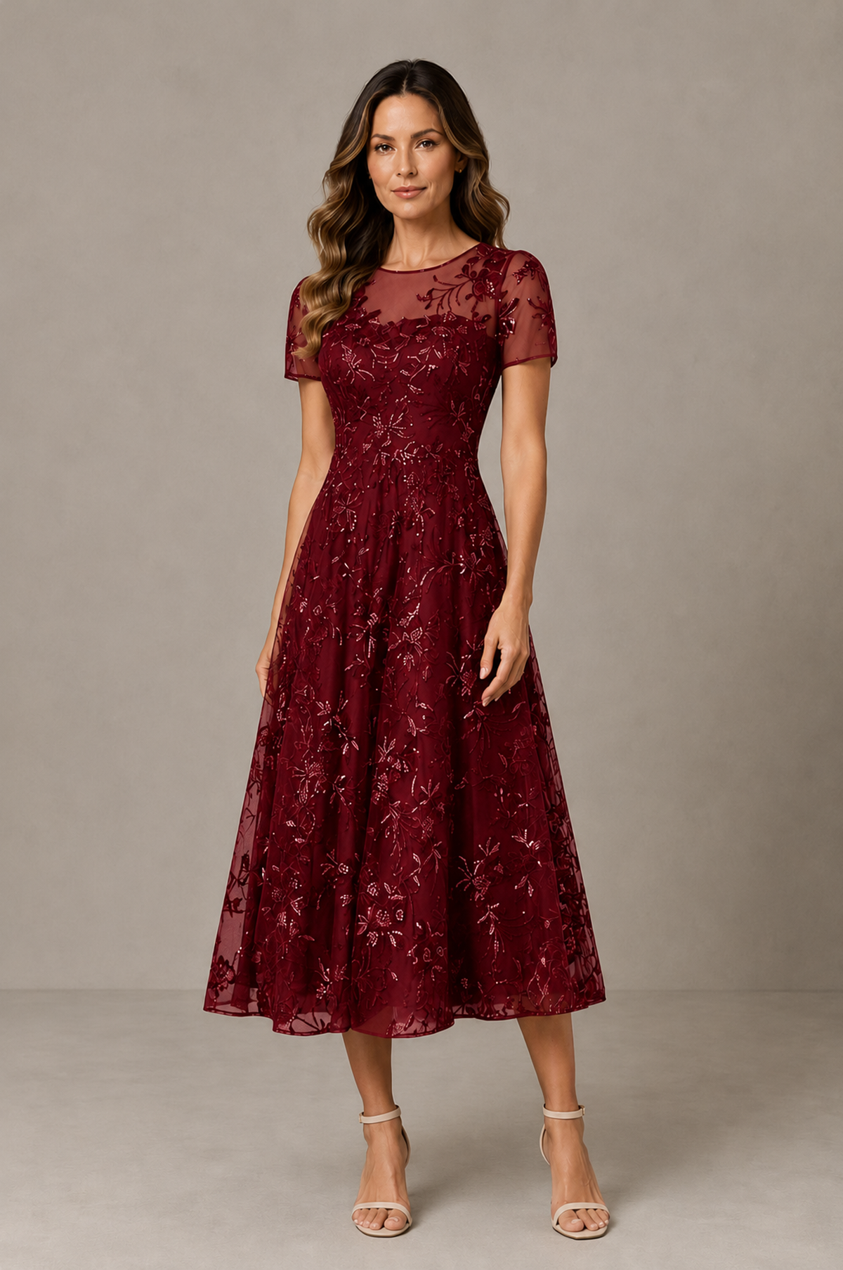 BOLODOO Burgundy Textured Floral A-Line Dress with Short Sleeves - Burgundy - Burgundy_01