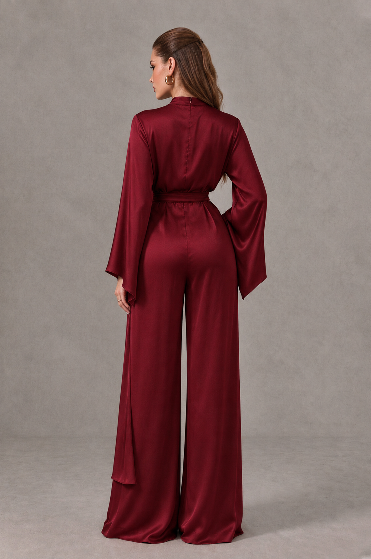 BOLODOO Burgundy Satin-Look Long Sleeve Wide-Leg Jumpsuit - Burgundy - Burgundy_02