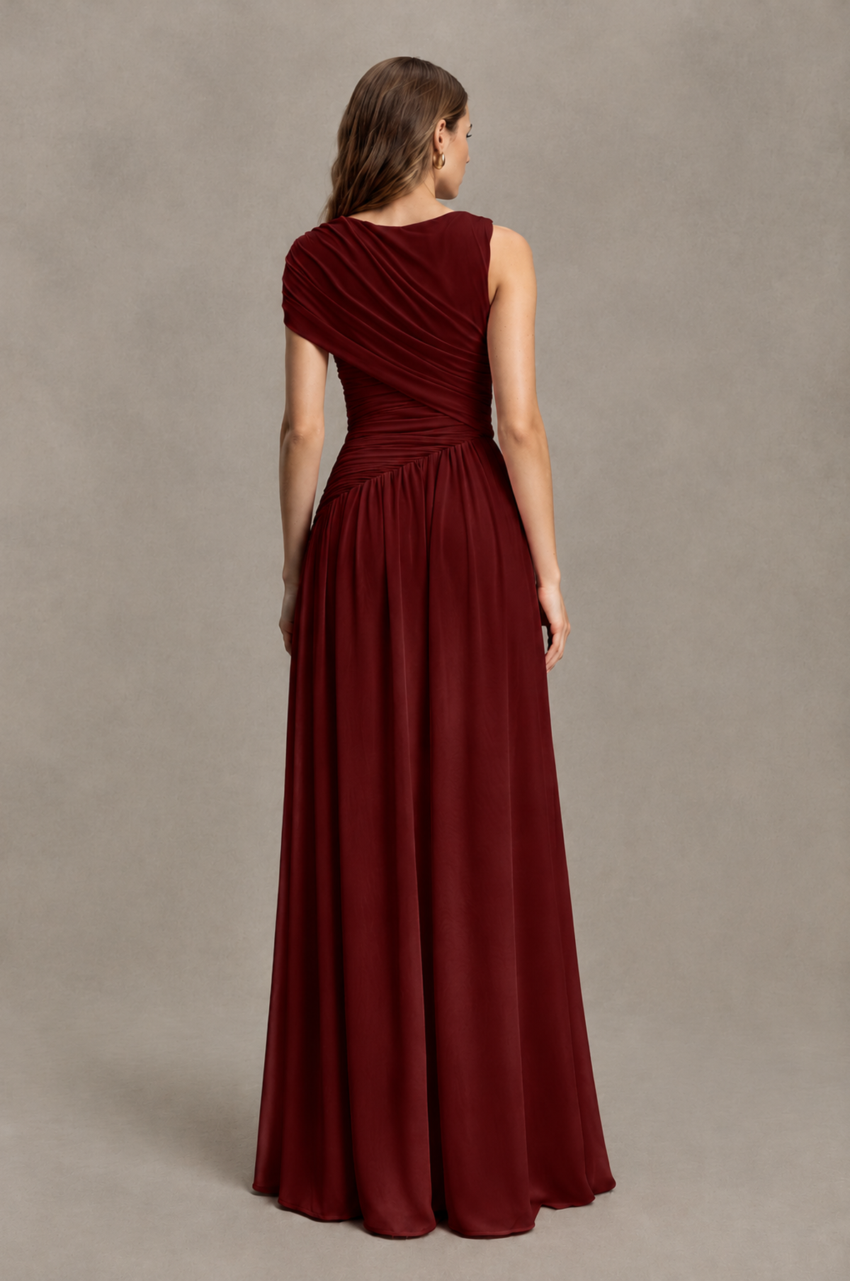 BOLODOO Burgundy One-Shoulder Ruched Floor-Length Bridesmaid Dress - Burgundy - Burgundy_02