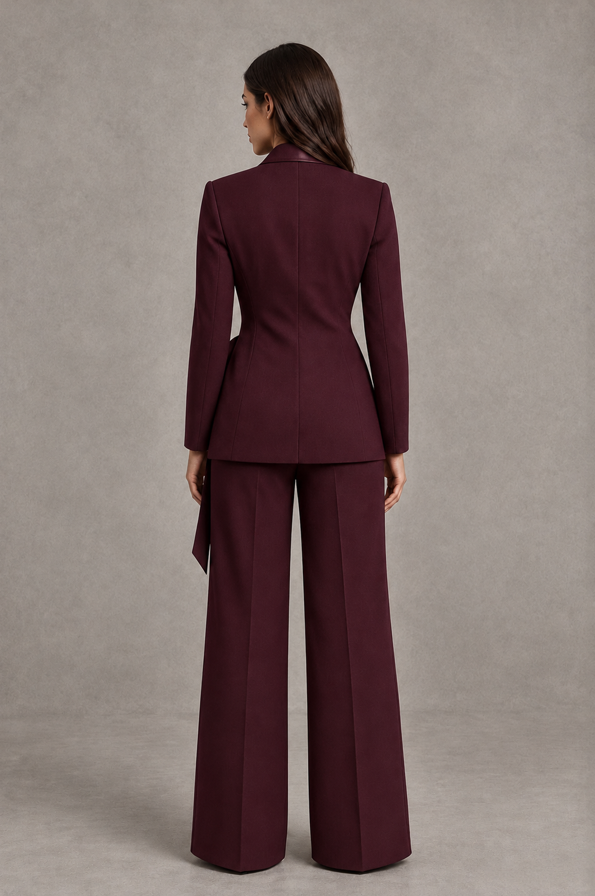 BOLODOO Burgundy Tie-Waist Blazer & Wide-Leg Pantsuit - Burgundy - Burgundy_02