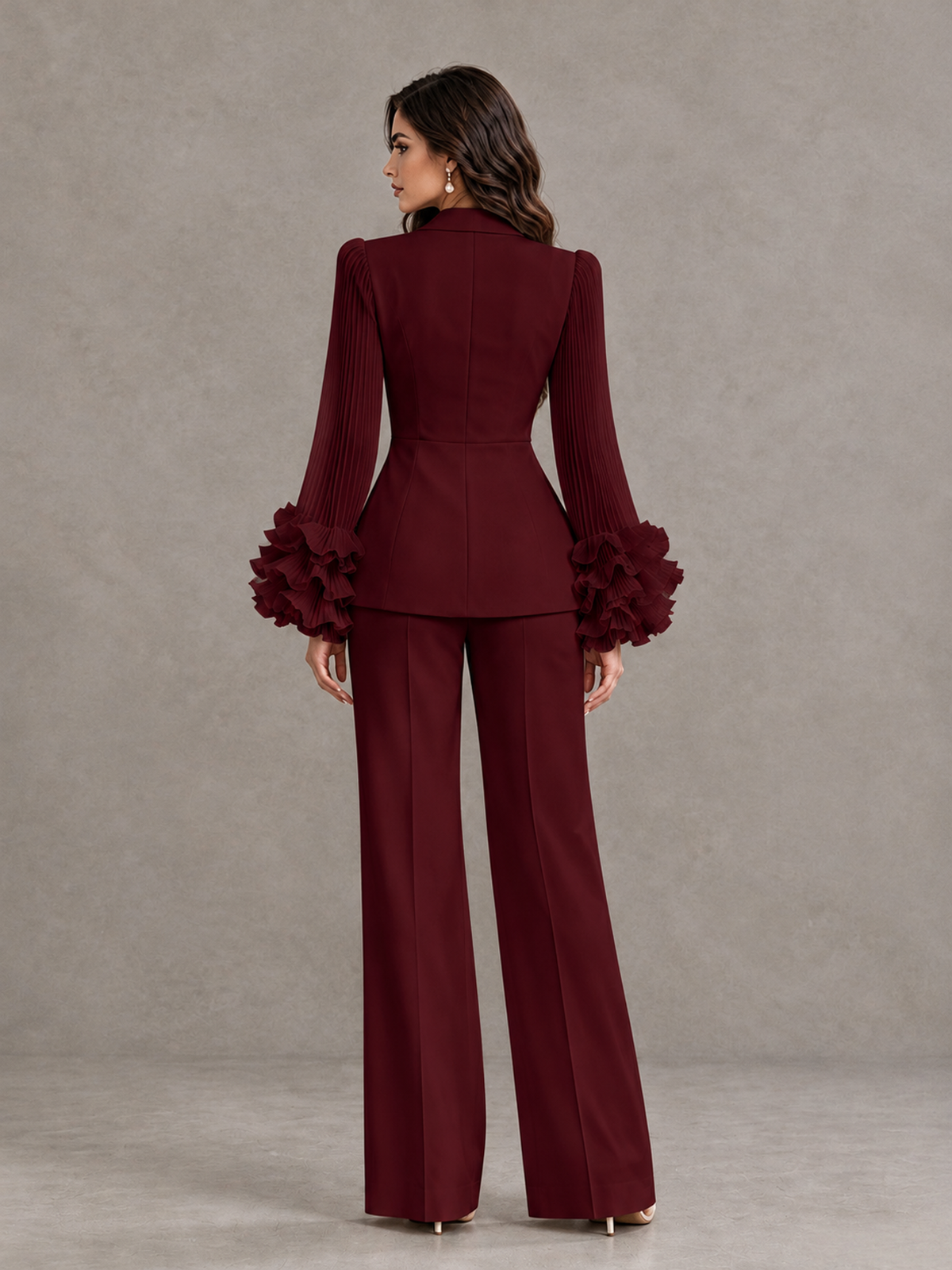 BOLODOO Burgundy Mother of the Bride Pant Suit – Pleated Long Sleeve Ruffle Cuff Wide Leg Trouser Suit - Burgundy - Burgundy_02