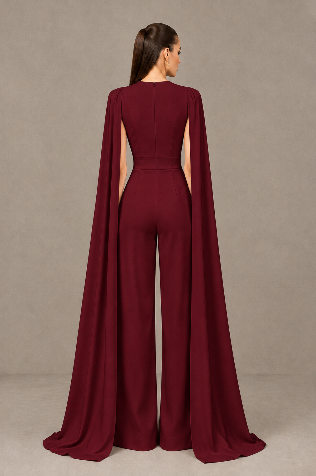 BOLODOO Burgundy Deep V-Neck Cape Sleeve Bridal Jumpsuit - Burgundy - Burgundy_02
