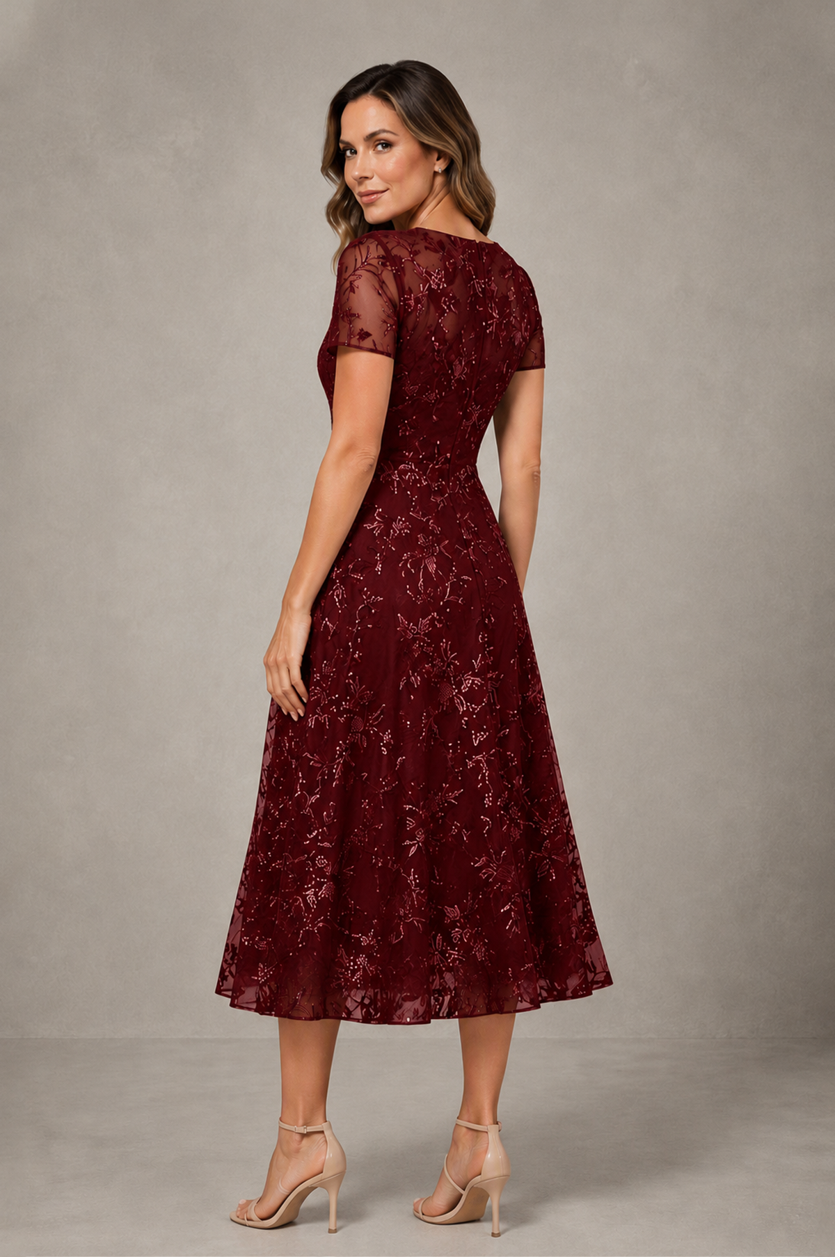 BOLODOO Burgundy Textured Floral A-Line Dress with Short Sleeves - Burgundy - Burgundy_02