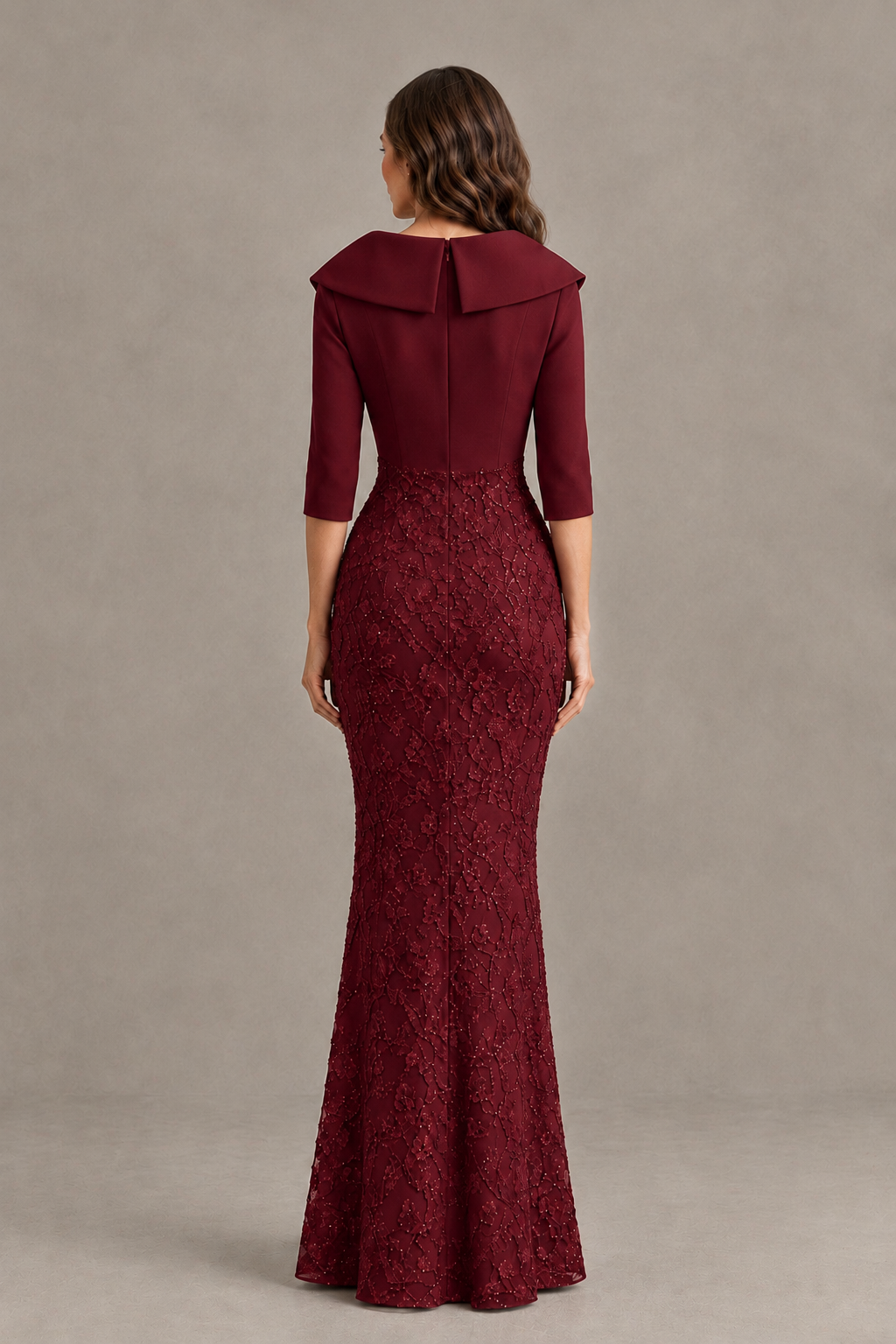BOLODOO Burgundy Three-Quarter Sleeve Mermaid Evening Dress with Floral Detail - Burgundy - Burgundy_02