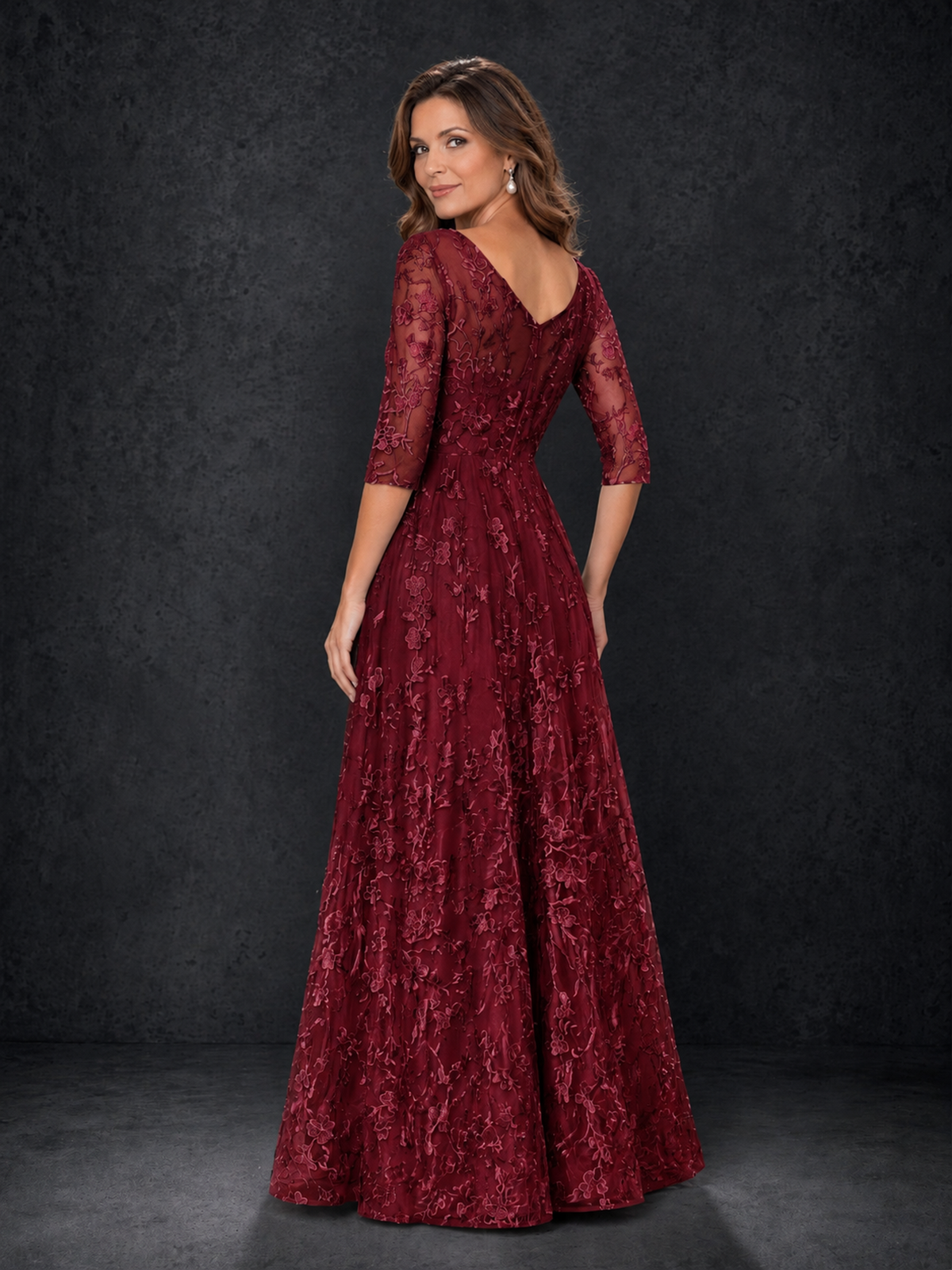 BOLODOO Burgundy Illusion Bateau Neck 3/4 Sleeve Floral Lace A-Line Mother of the Bride Dress MX007 - Burgundy - Burgundy_02
