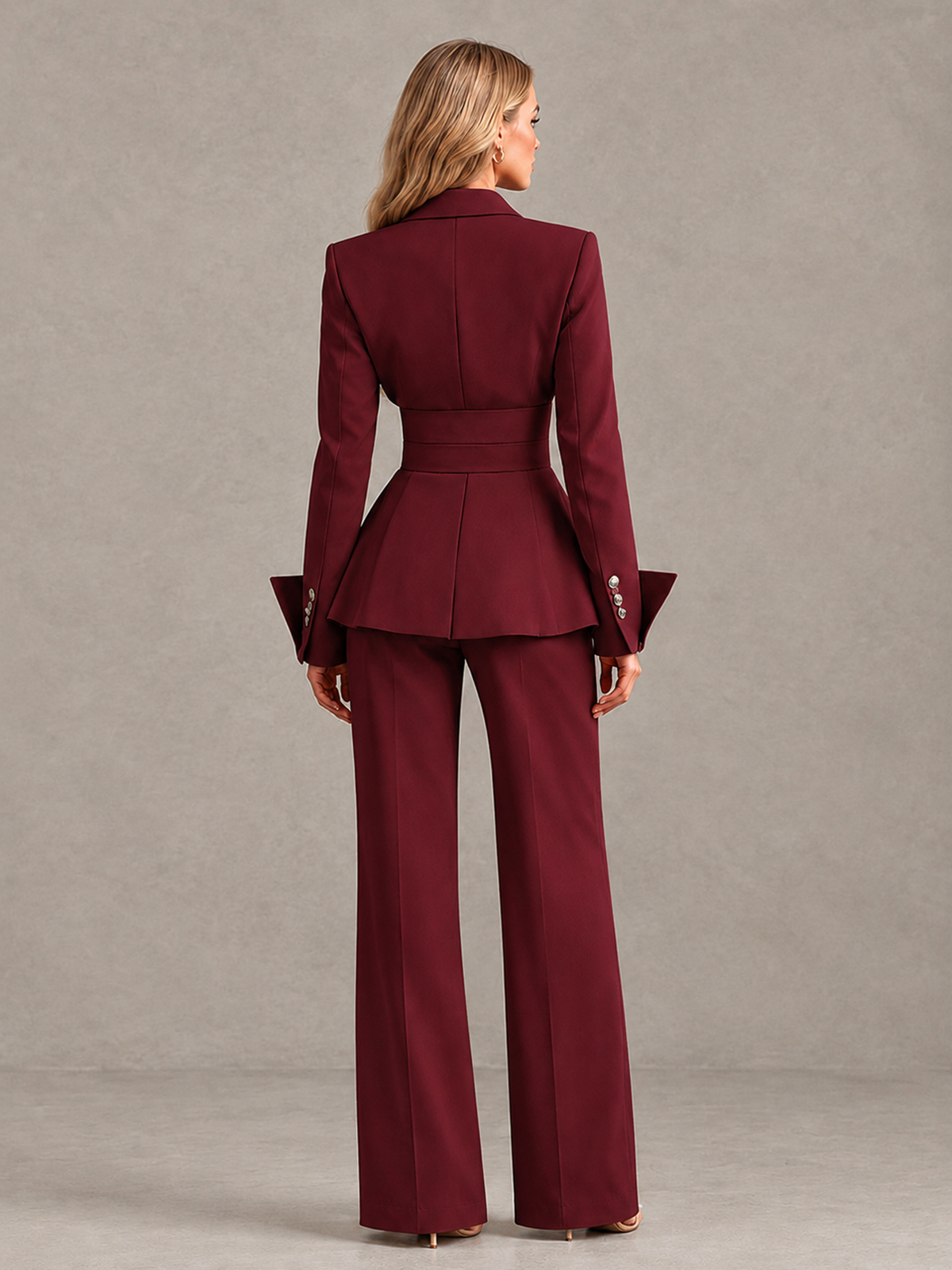 BOLODOO Burgundy Belted Peplum Pantsuit with Long Sleeves & Wide-Leg Trousers - Burgundy - Burgundy_02