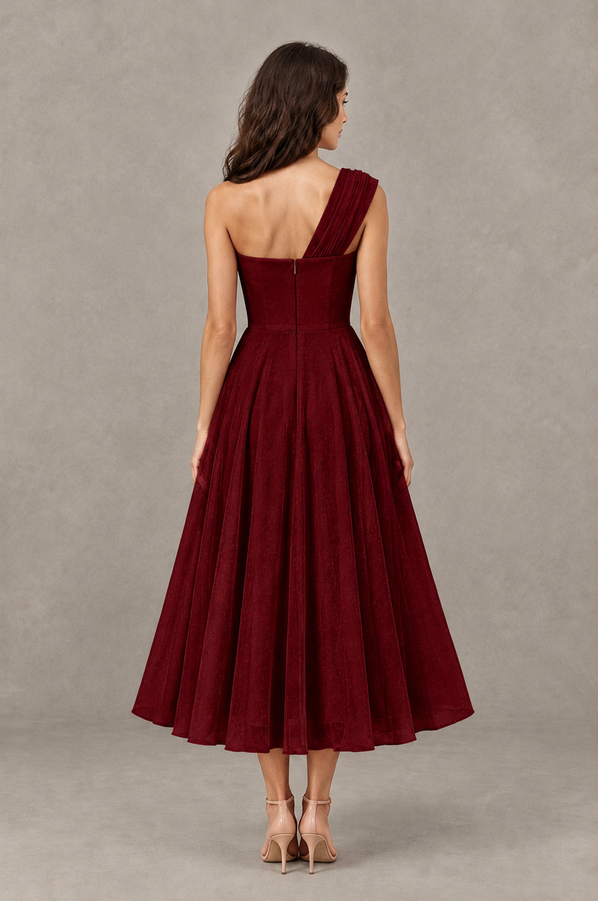 BOLODOO Burgundy One-Shoulder Floral Tulle Tea-Length Dress - Burgundy - Burgundy_02