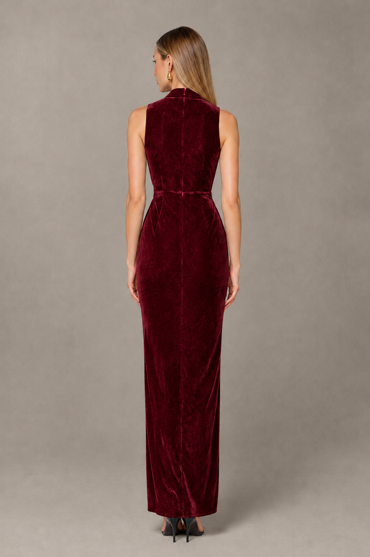 BOLODOO Burgundy Velvet-Look Sleeveless V-Neck Ruched Slit Maxi Dress - Burgundy - Burgundy_02