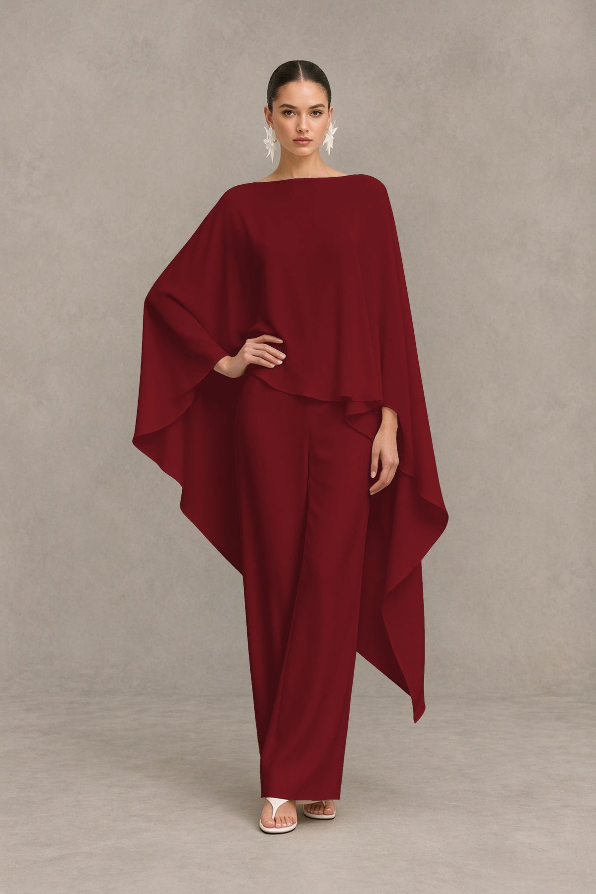BOLODOO Burgundy Cape Sleeve Wide-Leg Formal Pantsuit - Burgundy - Burgundy_03