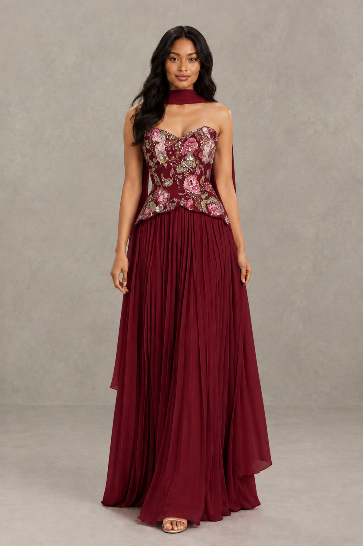 BOLODOO Burgundy Strapless Beaded Floral Corset Chiffon Maxi Gown – Open Back Prom & Formal Evening Dress - Burgundy - Burgundy_03