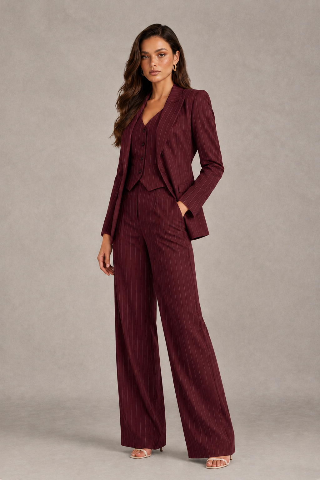 BOLODOO Women's Burgundy Pinstripe Three-Piece Pantsuit with Wide-Leg Trousers - Burgundy - Burgundy_03