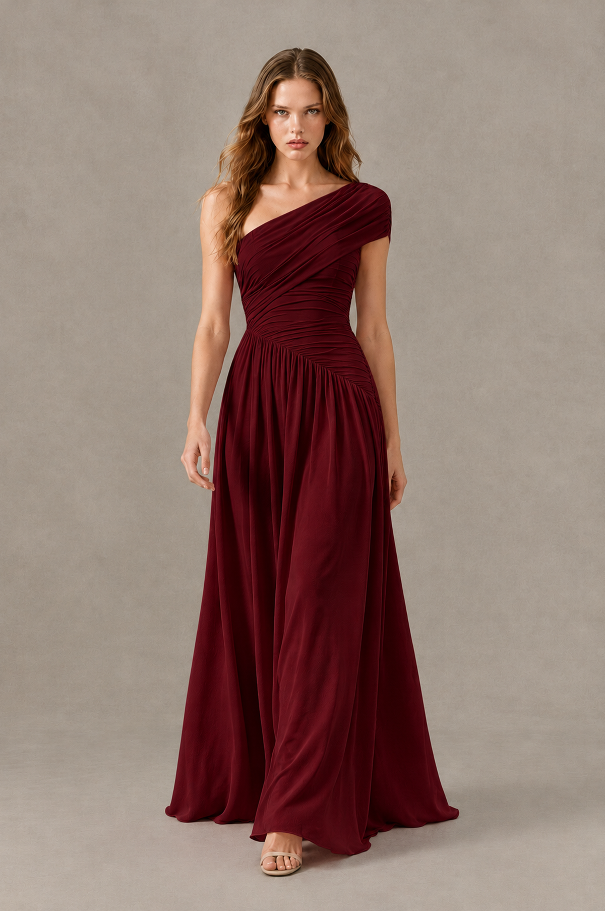 BOLODOO Burgundy One-Shoulder Ruched Floor-Length Bridesmaid Dress - Burgundy - Burgundy_03